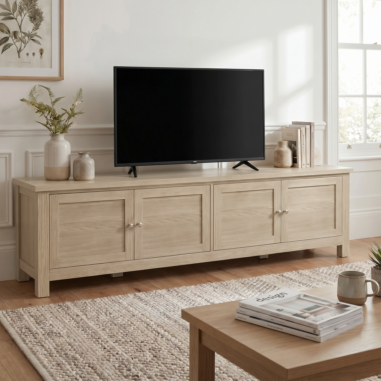 [Oak] Oskara TV unit 180cm side view in lifestyle room with TV, coffee table, warm neutral tones