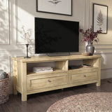 [Oak] Oskara TV Unit with Storage in oak effect finish photographed straight-on with open shelves, two panel-front drawers and a large TV above