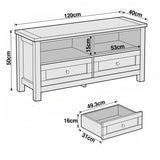 [Oak] Oskara TV unit line drawing showing overall dimensions of 120x50x40cm with drawer internal measurements of 49.3x31x16cm