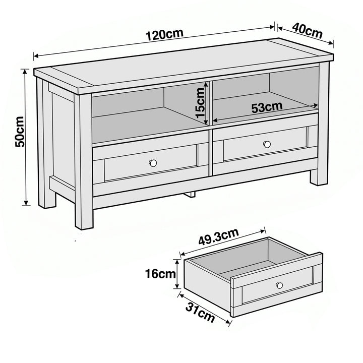 [Oak] Oskara TV unit line drawing showing overall dimensions of 120x50x40cm with drawer internal measurements of 49.3x31x16cm