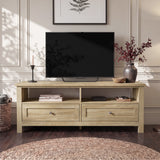 [Oak] Oskara TV Unit with Storage in an oak effect finish shown at an angle with open shelving, two drawers, and a TV above in a styled living room
