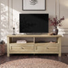 [Oak] Oskara TV Unit with Storage in an oak effect finish shown at an angle with open shelving, two drawers, and a TV above in a styled living room