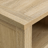 [Oak] Oskara TV unit close-up of natural oak top surface showing prominent wood grain texture and mitred corner edge detail