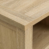 [Oak] Oskara TV Unit with Storage close-up of the top corner showing the oak effect wood grain surface, bevelled edge profile and open shelf below