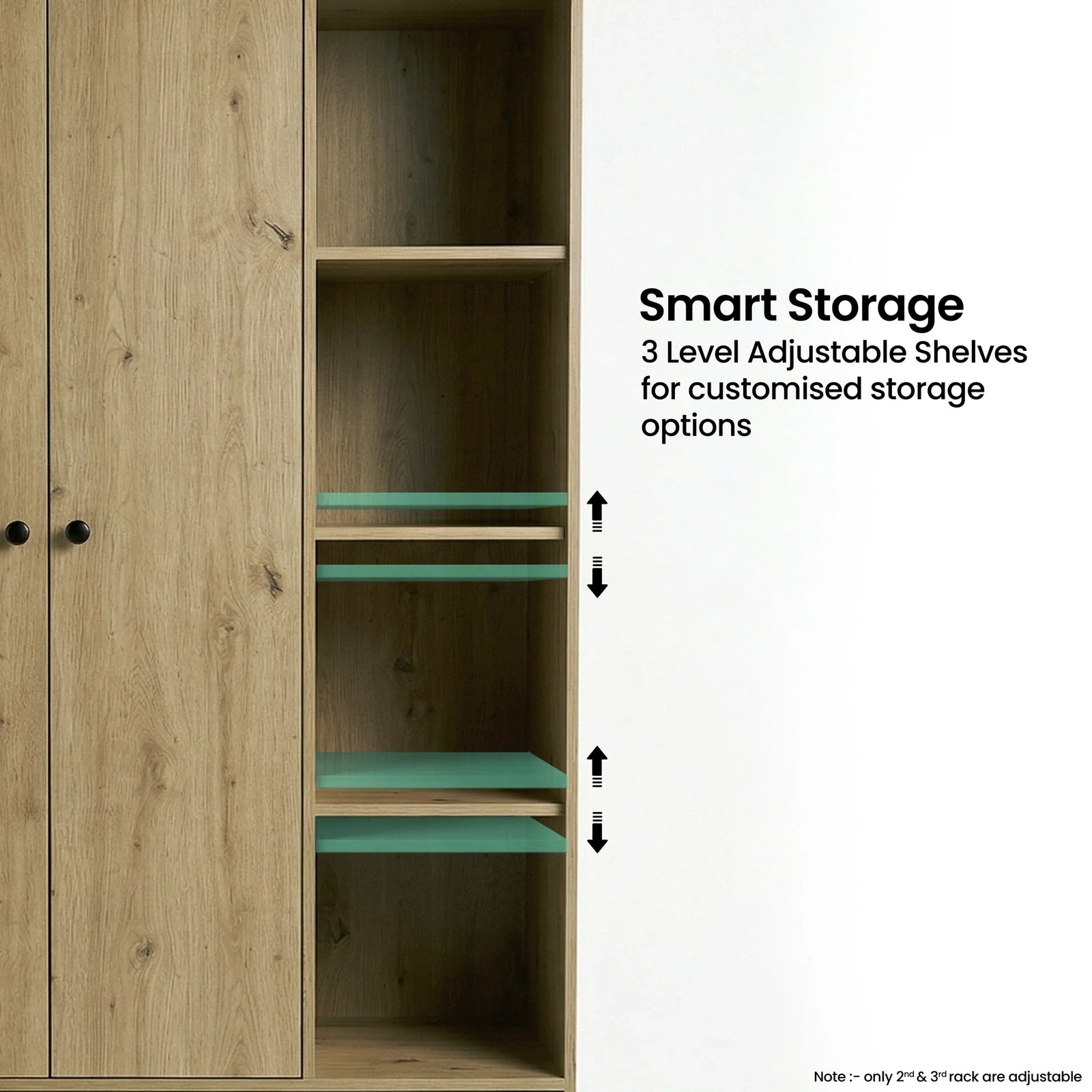 [Oak] Selby wardrobe open-shelf section with 3-level adjustable shelving positions highlighted