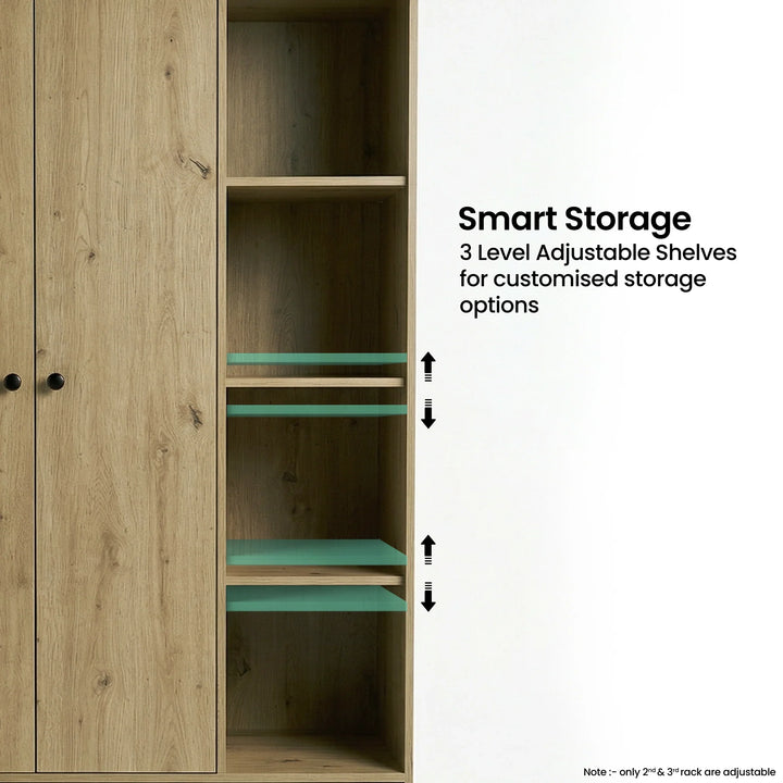 [Oak] Selby wardrobe open-shelf section with 3-level adjustable shelving positions highlighted