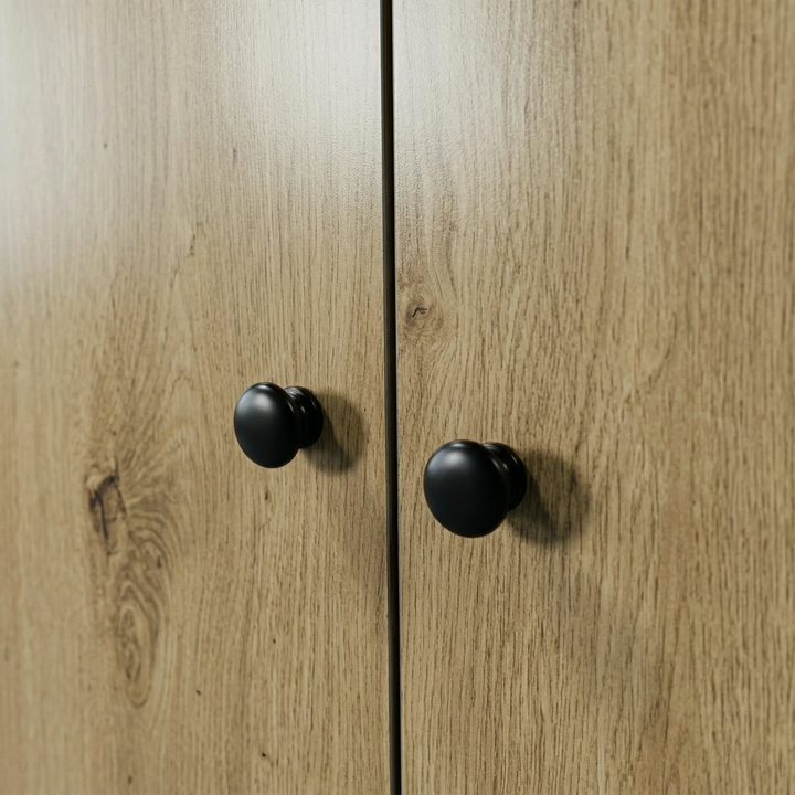 [Oak] Selby wardrobe matte black round door knobs on natural oak-effect double door panel