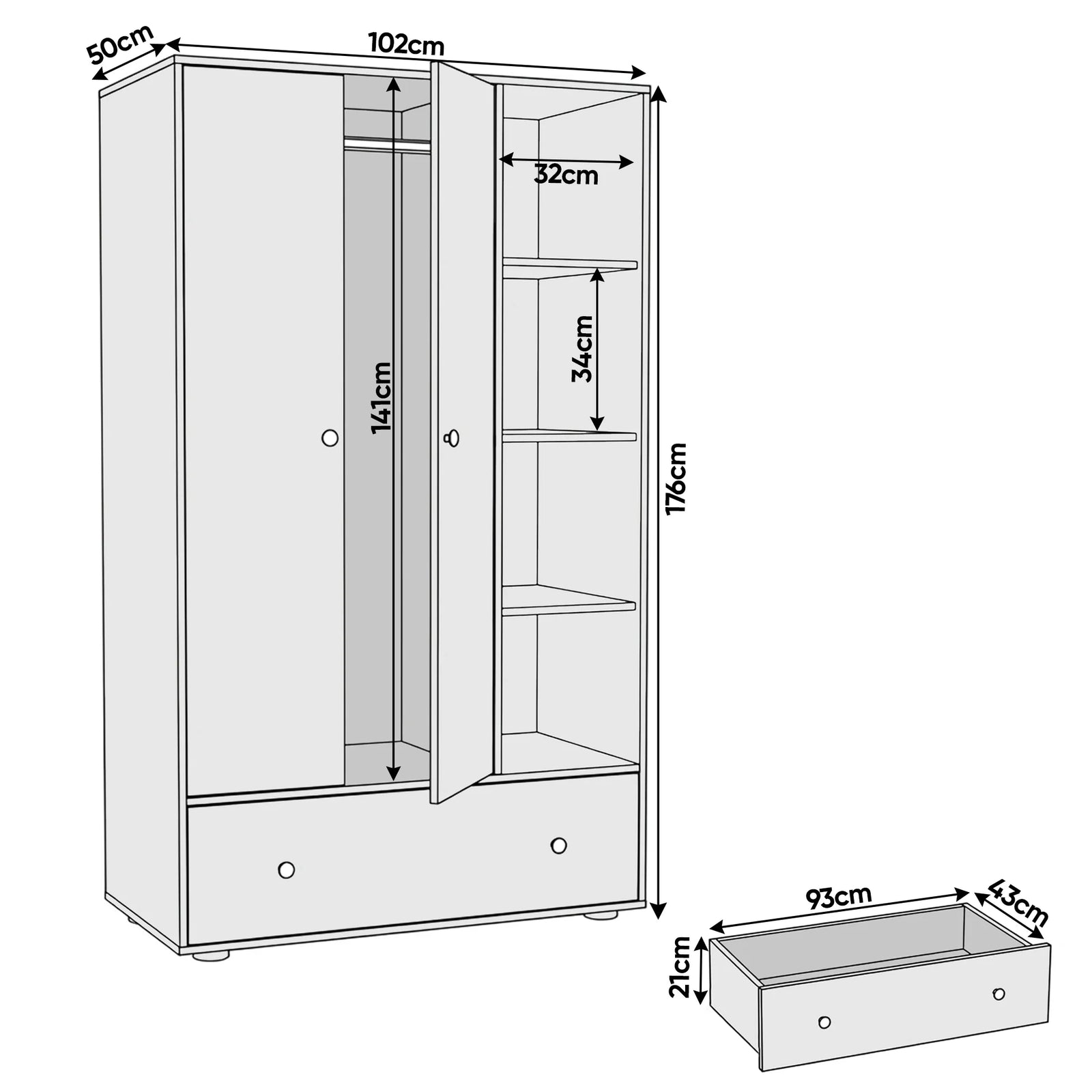 [Oak] Selby wardrobe dimension diagram showing 102cm width, 176cm height, 50cm depth and 93x43x21cm drawer