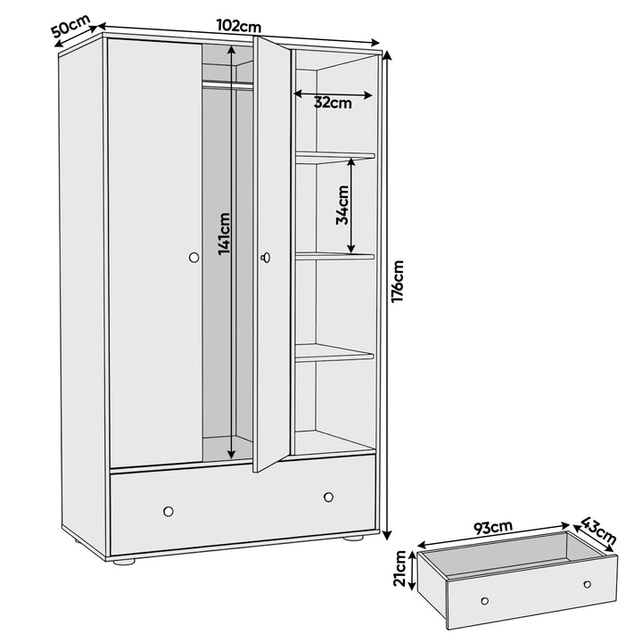 [Oak] Selby wardrobe dimension diagram showing 102cm width, 176cm height, 50cm depth and 93x43x21cm drawer