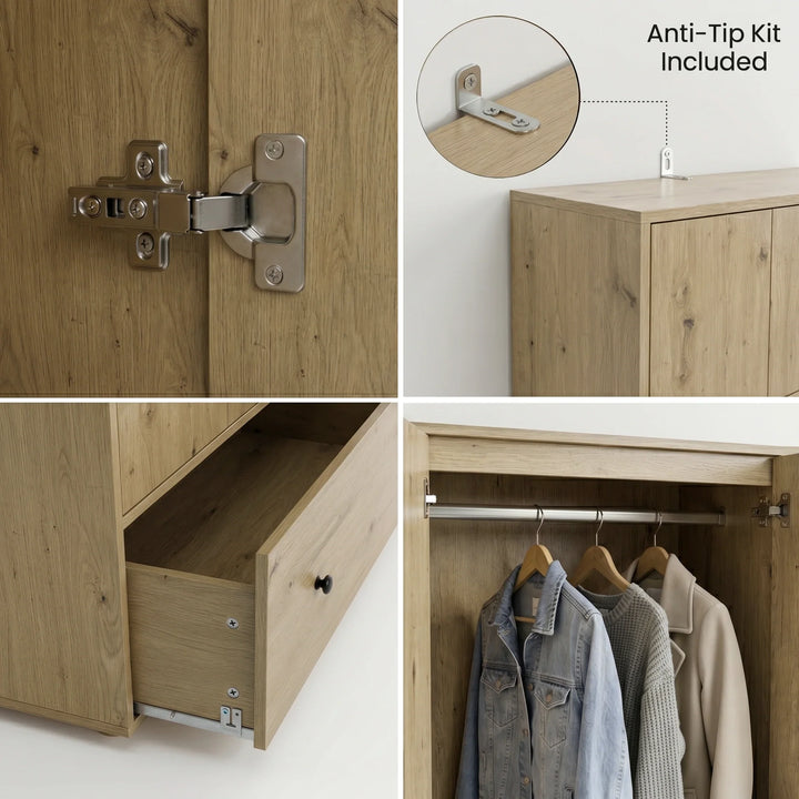 [Oak] Selby wardrobe detail showing soft-close hinge, anti-tip wall kit, smooth-glide drawer, and hanging rail