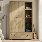 [Oak] Selby 2 door wardrobe with bottom drawer and open side shelves styled in a neutral bedroom setting