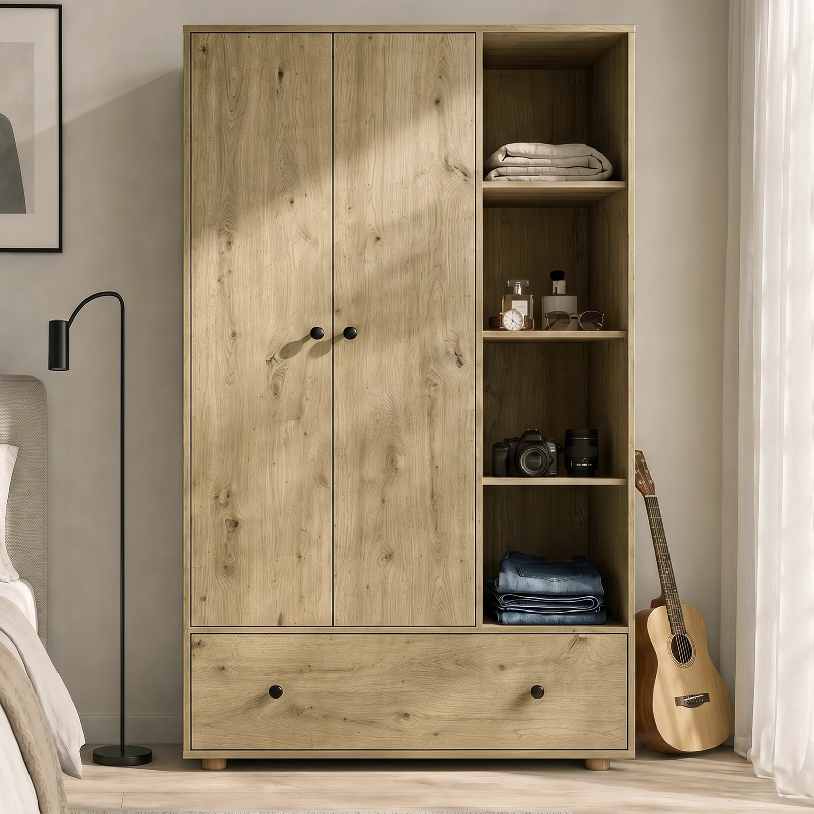 [Oak] Selby 2 door wardrobe with bottom drawer and open side shelves styled in a neutral bedroom setting