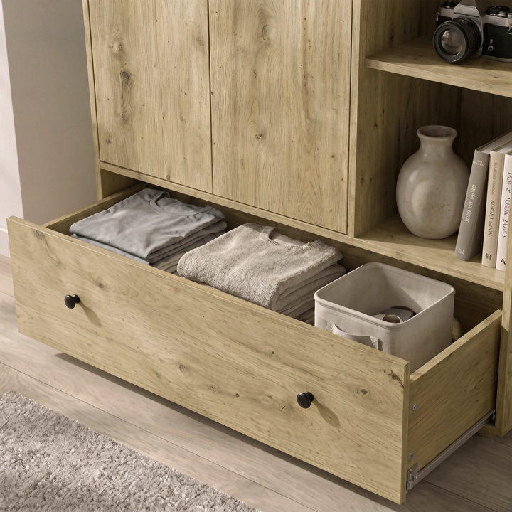 [Oak] Selby wardrobe full-width bottom drawer open showing folded clothes and fabric storage basket