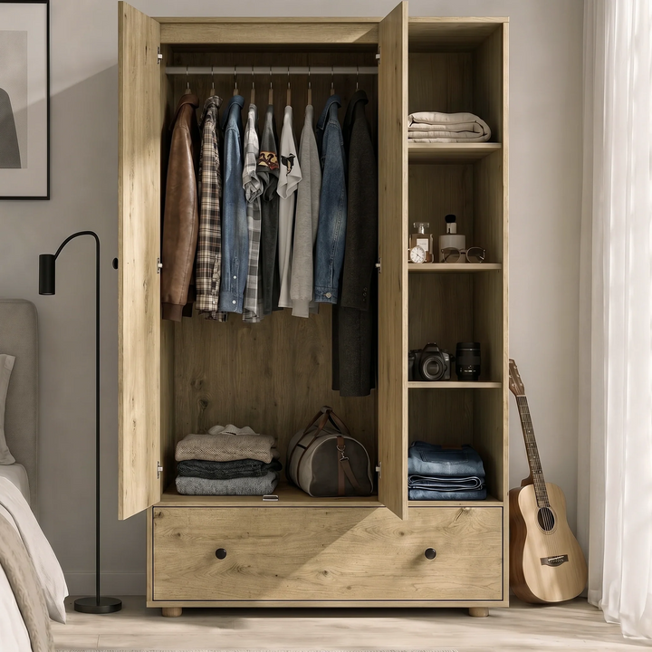 [Oak] Selby wardrobe interior open view with hanging rail loaded with jackets, open shelves and bottom drawer