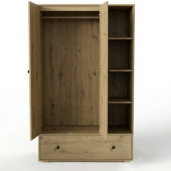 [Oak] Selby wardrobe doors open on white background showing hanging rail, side shelves and spacious drawer