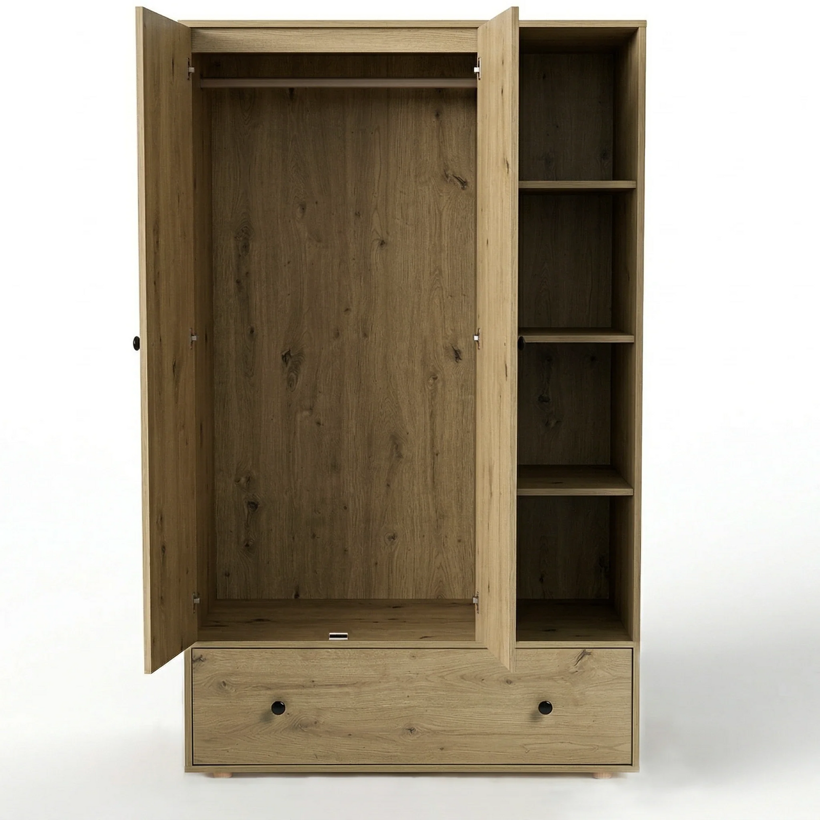 [Oak] Selby wardrobe doors open on white background showing hanging rail, side shelves and spacious drawer