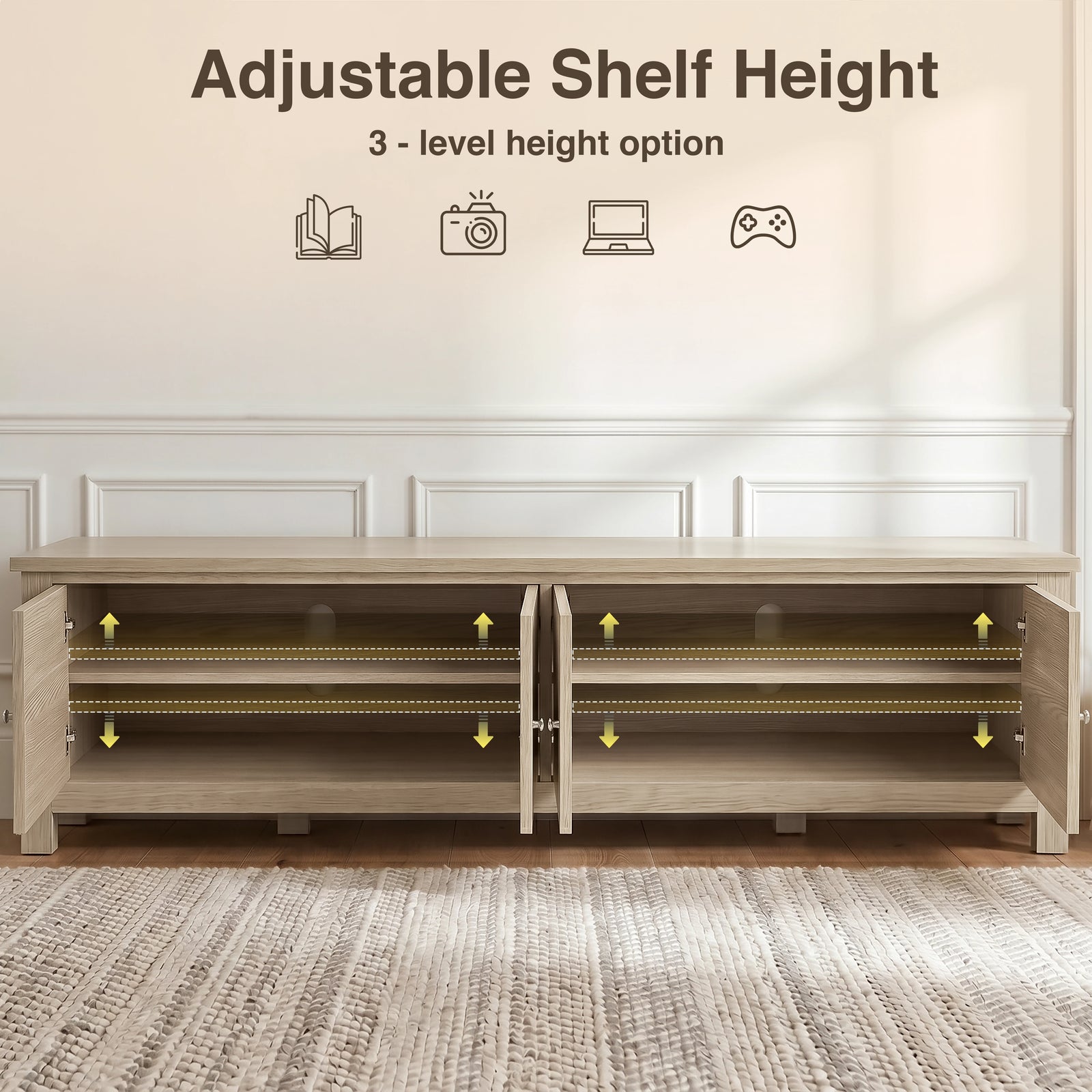 [Oak] Shaker TV unit 180cm adjustable shelf height infographic showing 3 position options