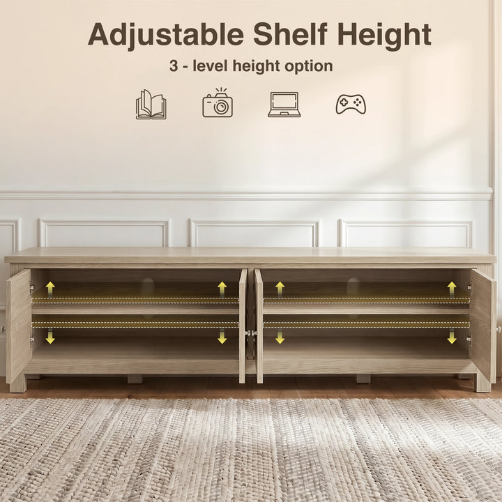 [Oak] Shaker TV unit 180cm adjustable shelf height infographic showing 3 position options