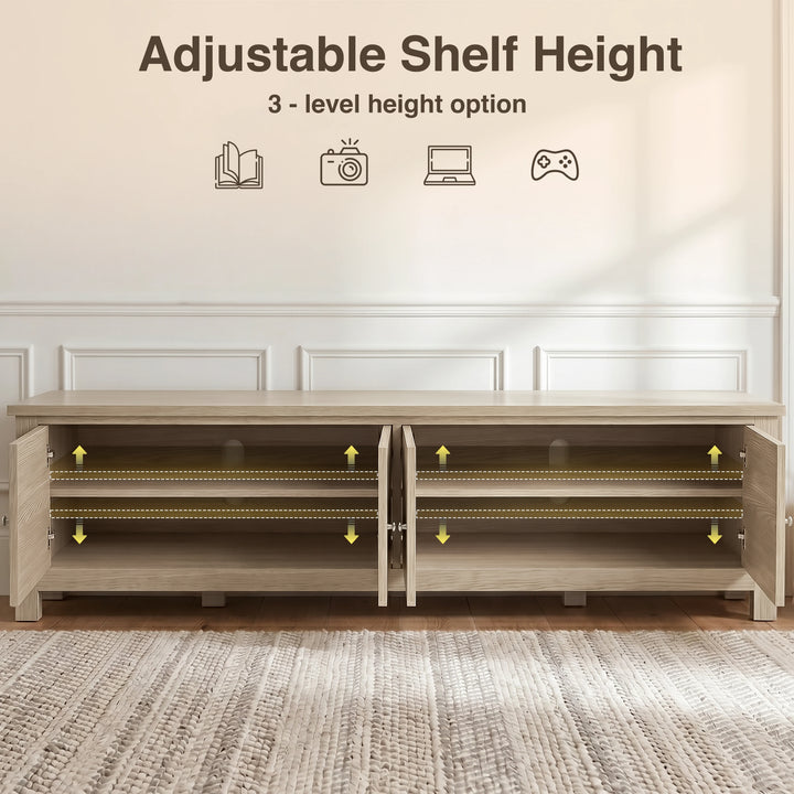 [Oak] Shaker TV unit 180cm adjustable shelf height infographic showing 3 position options