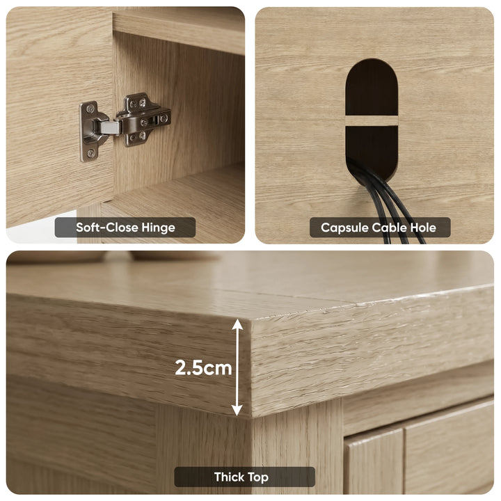 [Oak] Shaker TV unit 180cm cable management holes infographic showing port sizes and measurements