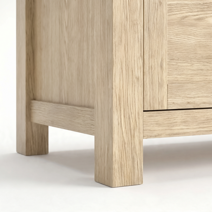 [Oak] Shaker TV unit 180cm close-up of square oak legs and side panel showing natural wood grain
