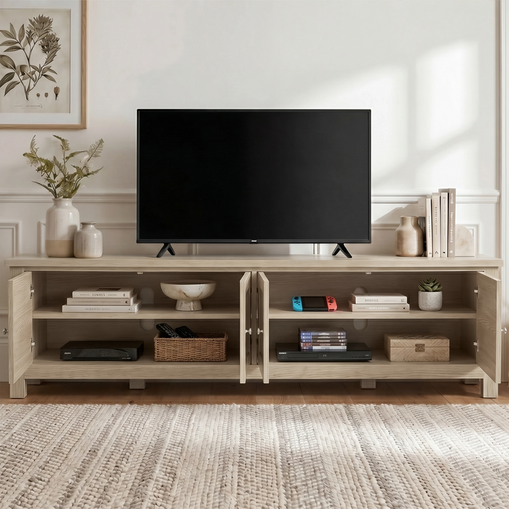 [Oak] Shaker TV unit 180cm with door open showing interior shelving and storage, TV on top