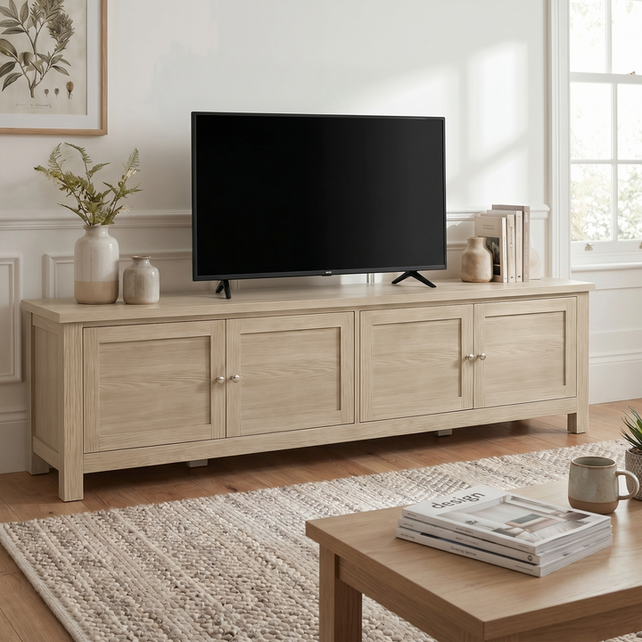 [Oak] Shaker TV unit 180cm side view in lifestyle room with TV, coffee table, warm neutral tones