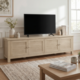 [Oak] Shaker TV unit 180cm side view in lifestyle room with TV, coffee table, warm neutral tones