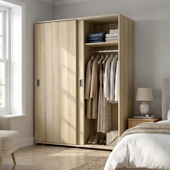 [Oak] Torvek sliding wardrobe half-open in bright bedroom showing hanging rail, upper shelf and folded clothes