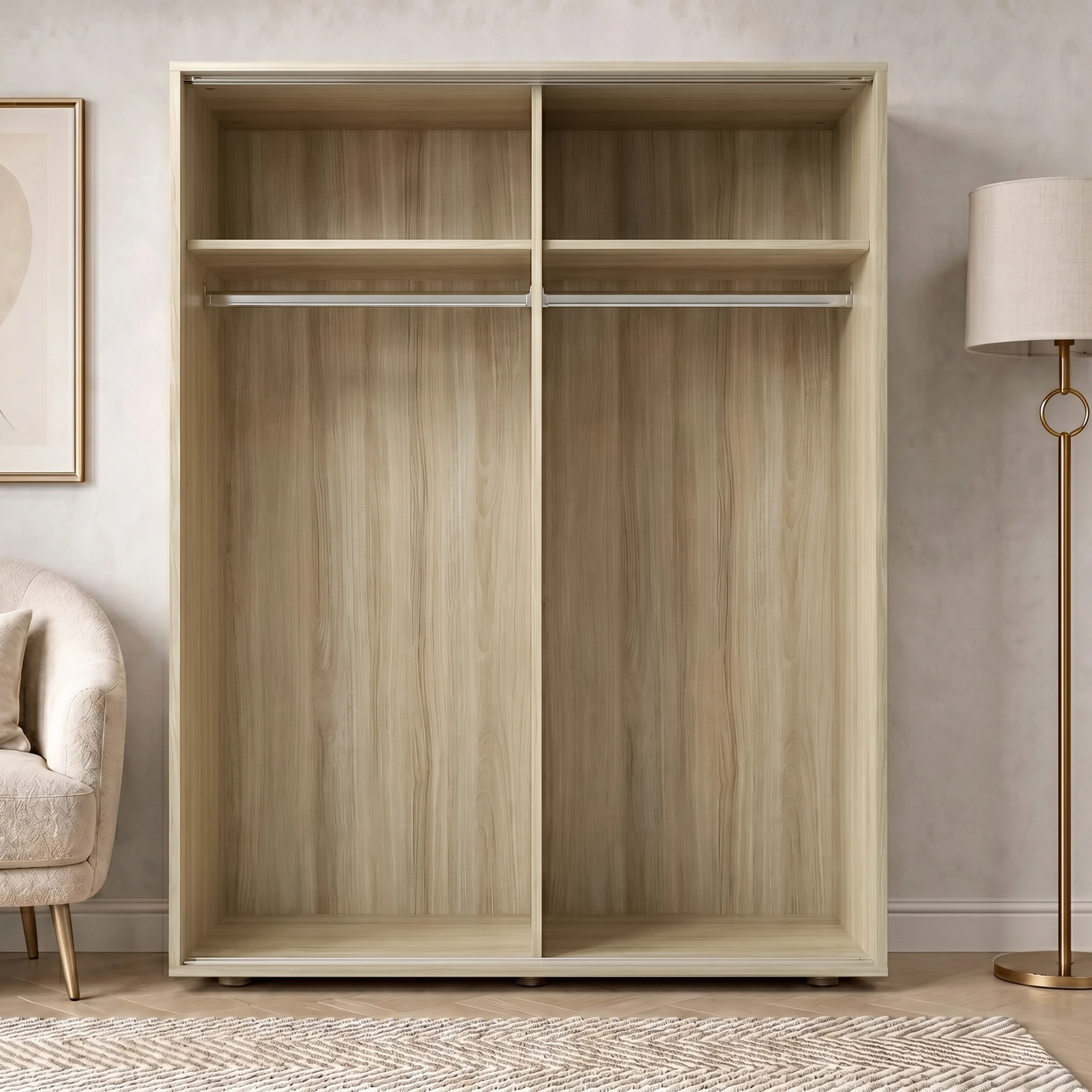 [Oak] Torvek wardrobe fully open showing empty interior with two hanging rails and upper shelving in bedroom