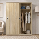 [Oak] Torvek sliding wardrobe one door open in bedroom showing hanging rail, upper shelf and storage basket below