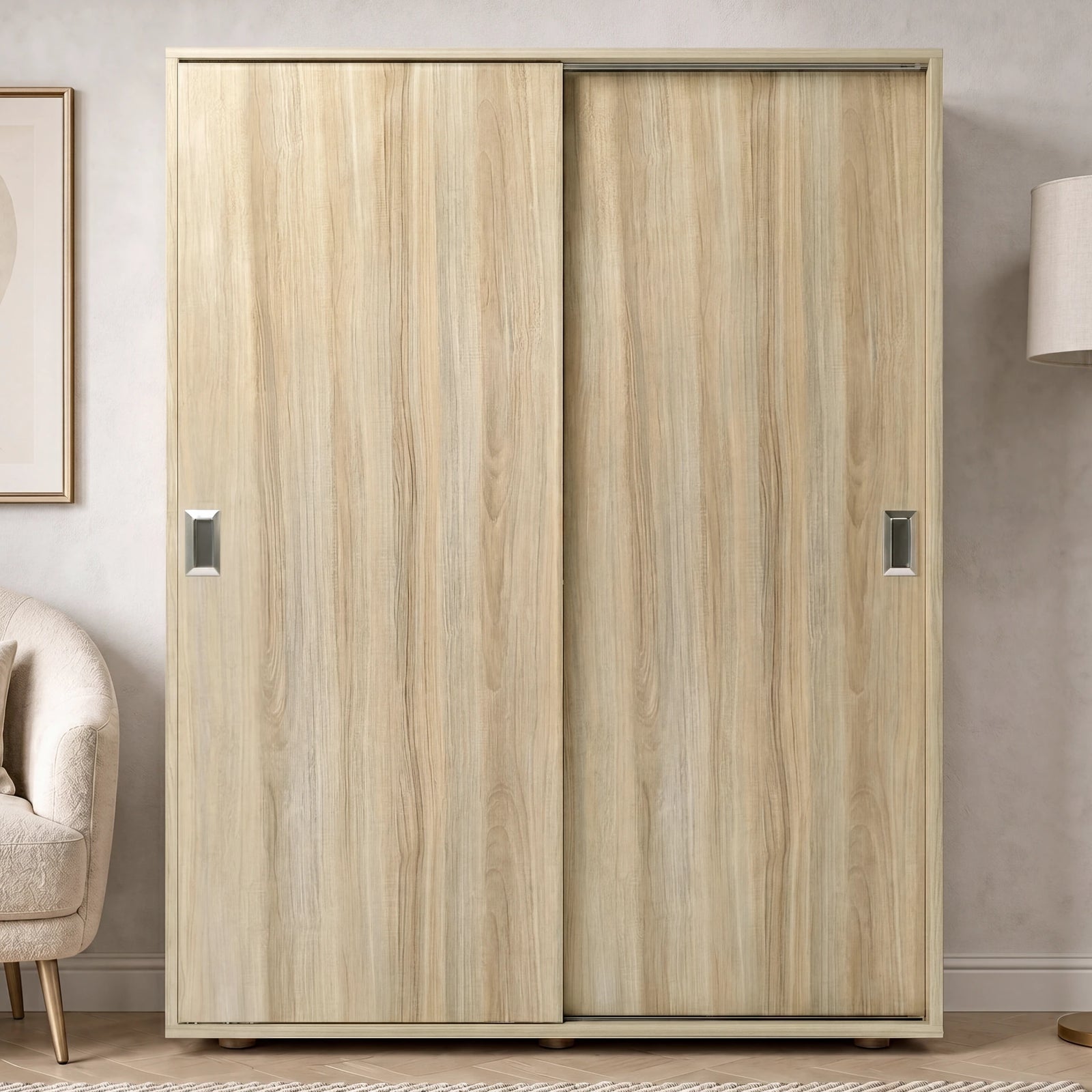 [Oak] Torvek 2 door sliding wardrobe fully closed front view styled in a neutral bedroom with floor lamp