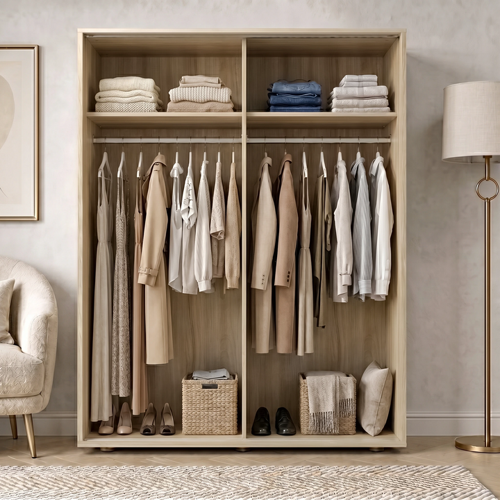 [Oak] Torvek wardrobe both doors open showing full interior with hanging clothes, folded items and floor baskets