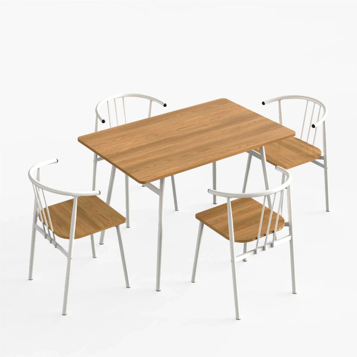 [Oak] Torvi 4 seater dining set on white background showing warm oak-effect table with all four white metal arm chairs arranged around it