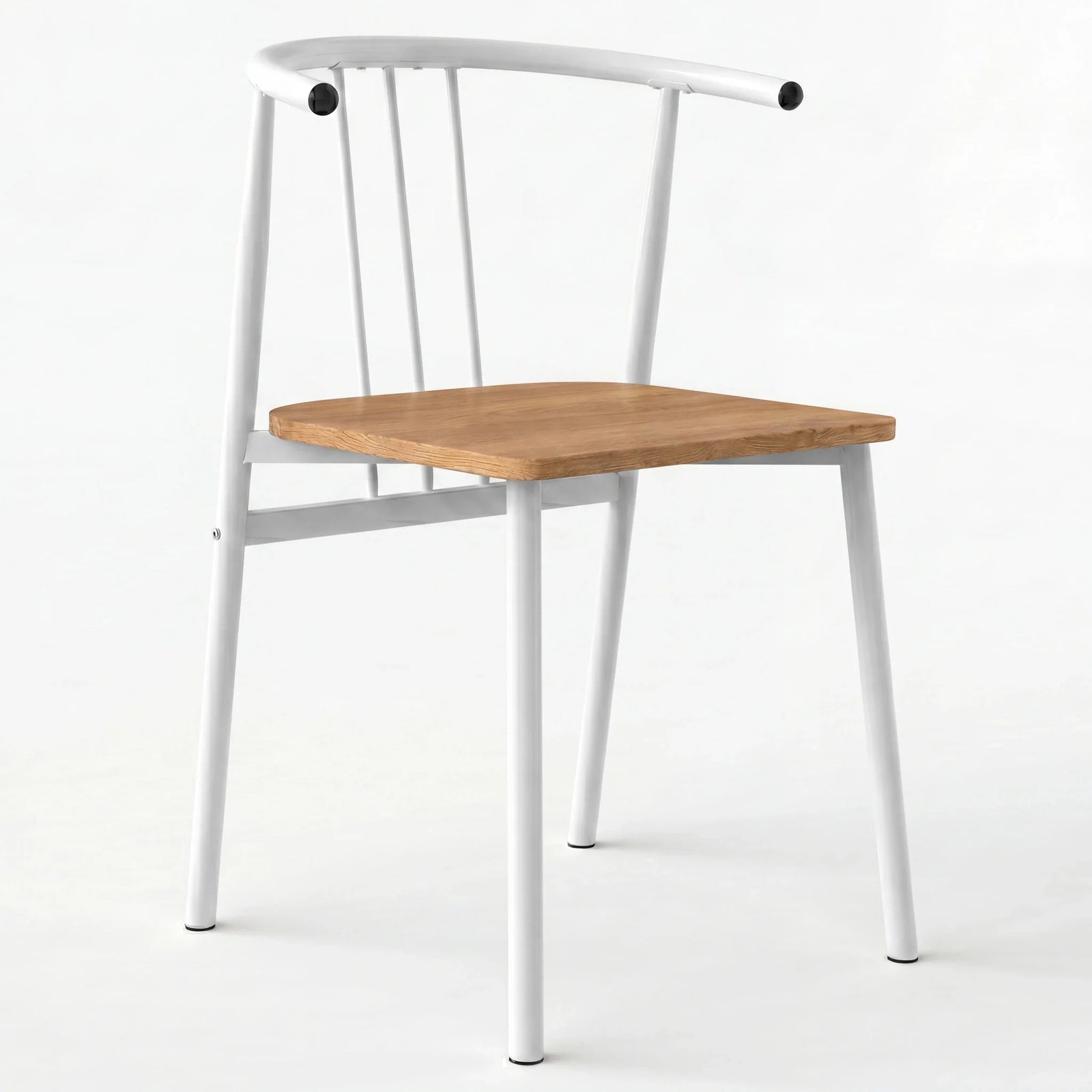 [Oak] Torvi dining chair with white tubular metal frame, spindle back, armrests and solid oak seat pad