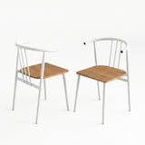 [Oak] Torvi dining chairs pair on white background showing front and rear views of white metal spindle-back arm chair with warm oak-effect wood seat