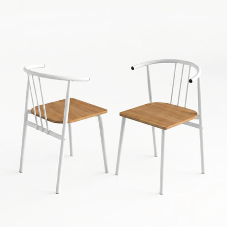 [Oak] Torvi dining chairs pair on white background showing front and rear views of white metal spindle-back arm chair with warm oak-effect wood seat