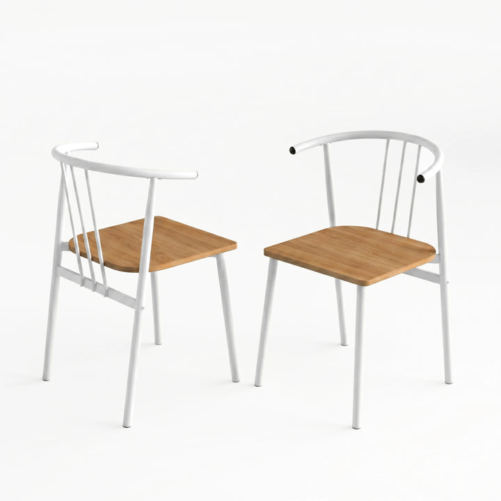 [Oak] Torvi dining chairs pair on white background showing front and rear views of white metal spindle-back arm chair with warm oak-effect wood seat