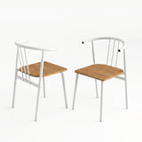 [Oak] Torvi dining chairs pair on white background showing front and rear views of white metal spindle-back arm chair with warm oak-effect wood seat