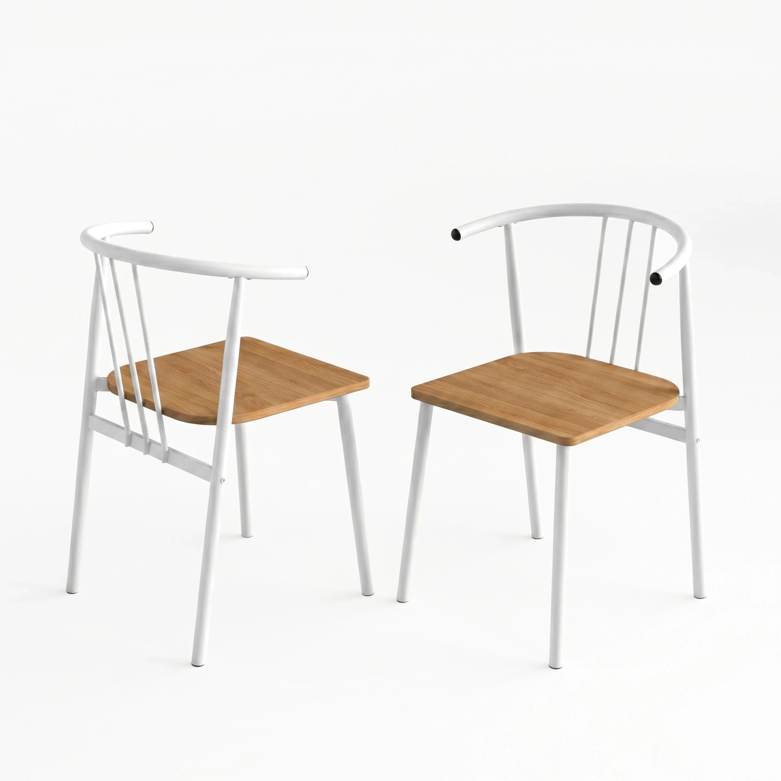 [Oak] Torvi dining chairs pair on white background showing front and rear views of white metal spindle-back arm chair with warm oak-effect wood seat