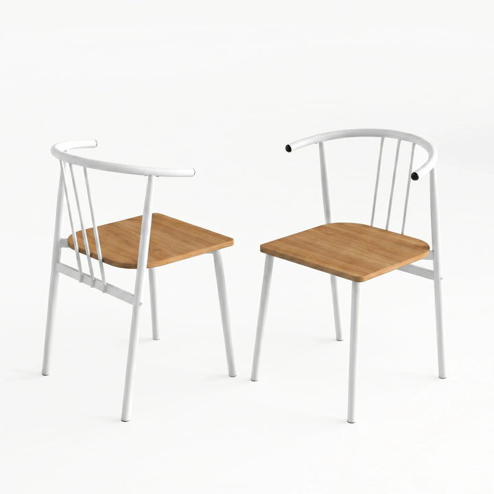 [Oak] Torvi dining chairs pair on white background showing front and rear views of white metal spindle-back arm chair with warm oak-effect wood seat