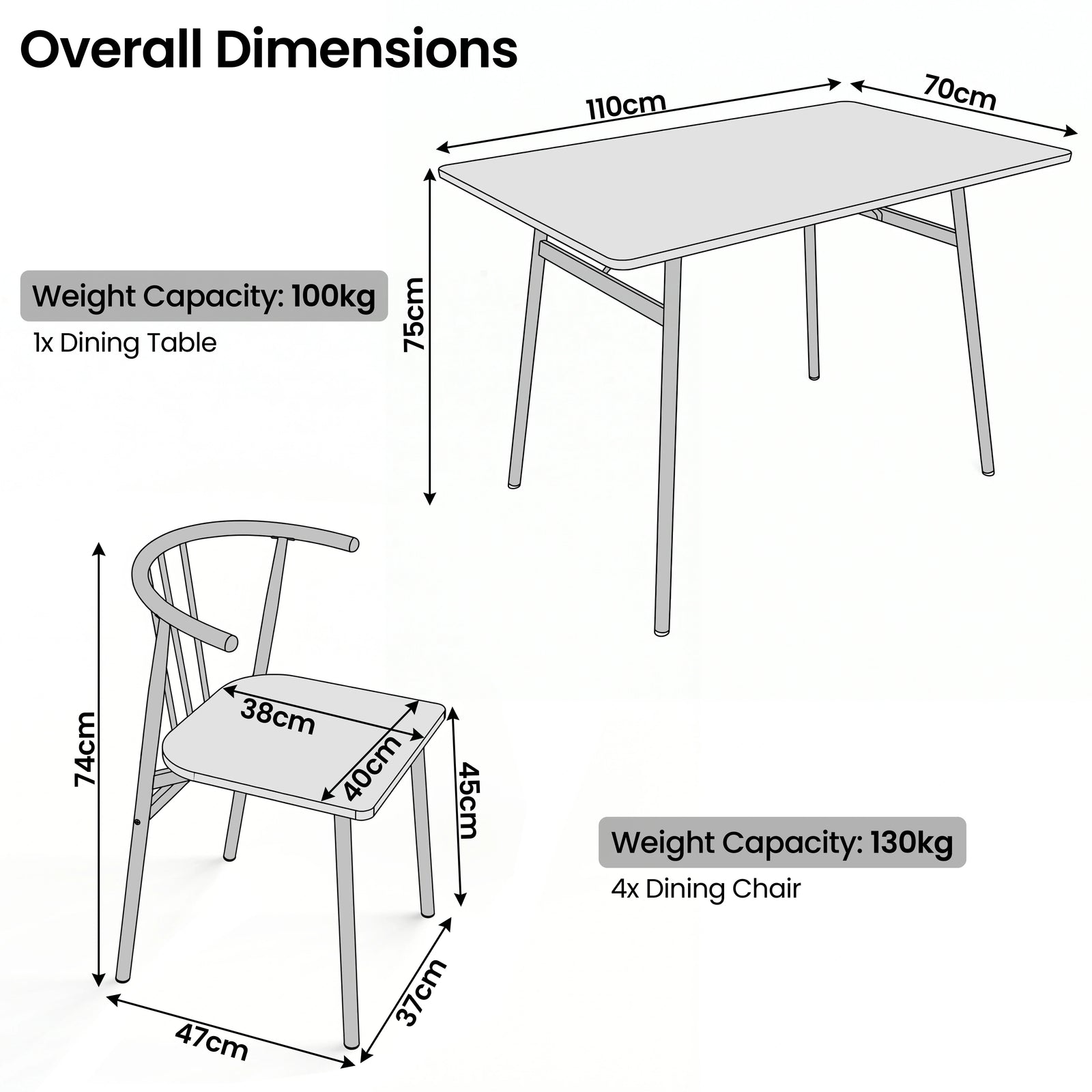 [Oak] Torvi dining table and chairs set dimension diagram showing 110x70x75cm table and 74cm high chair with 38x40cm seat and weight capacity label