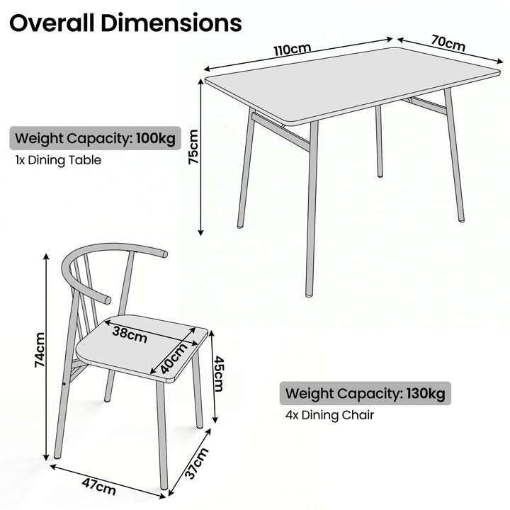 [Oak] Torvi dining table and chairs set dimension diagram showing 110x70x75cm table and 74cm high chair with 38x40cm seat and weight capacity label