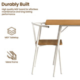 [Oak] Torvi dining set close-up showing white metal frame chair alongside table leg joint, with MDF tabletop and metal frame construction callouts
