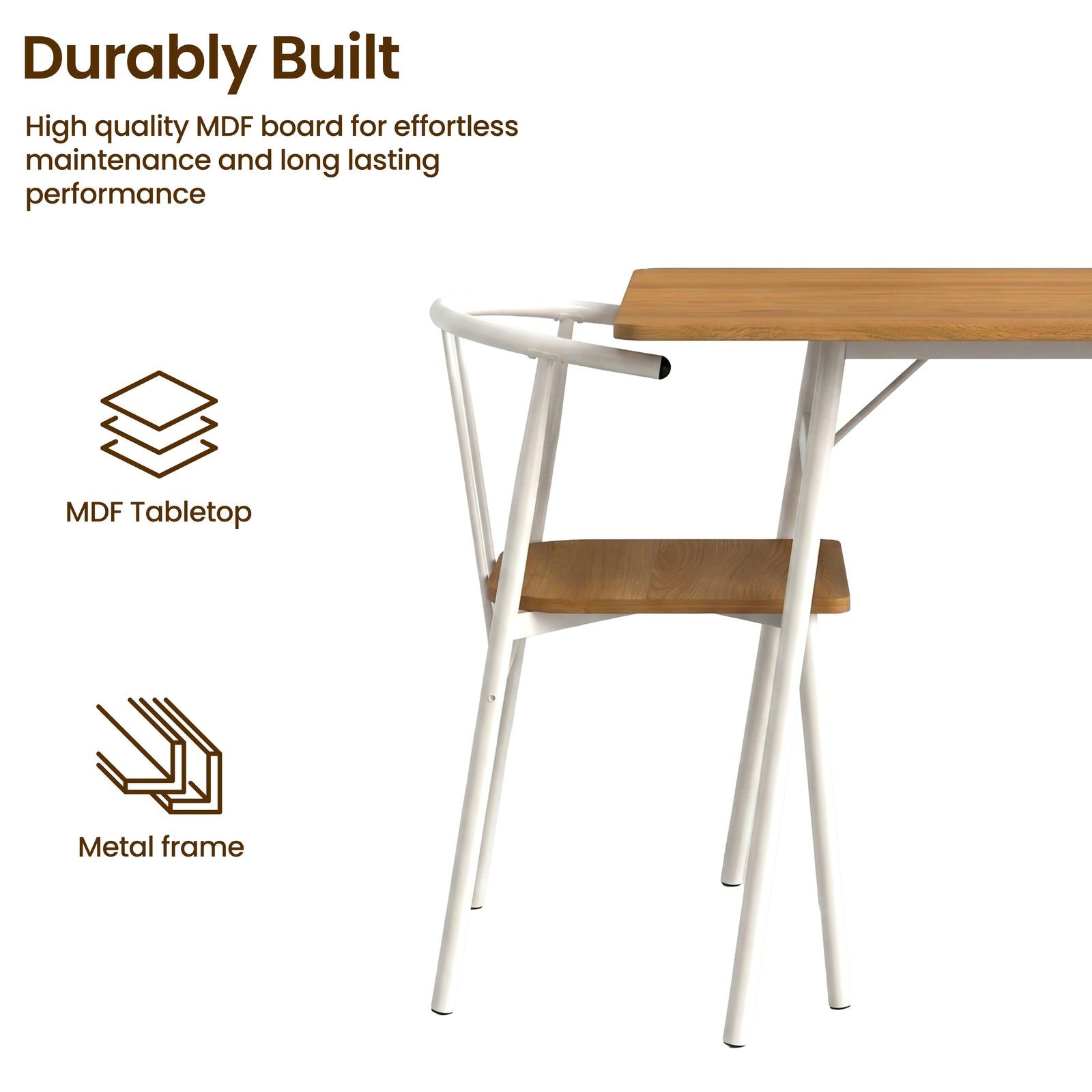 [Oak] Torvi dining set close-up showing white metal frame chair alongside table leg joint, with MDF tabletop and metal frame construction callouts