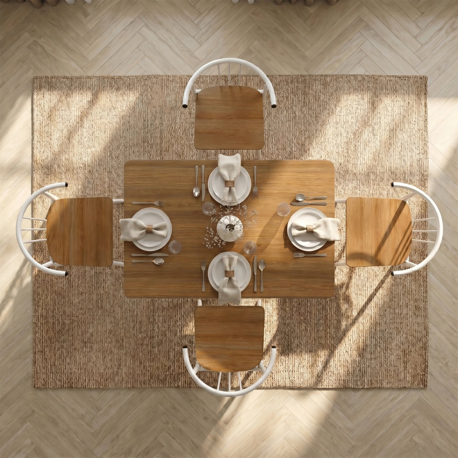 [Oak] Torvi 4 seater dining set bird's-eye view fully laid with plates, cutlery, glasses and napkins on a jute rug over herringbone floor