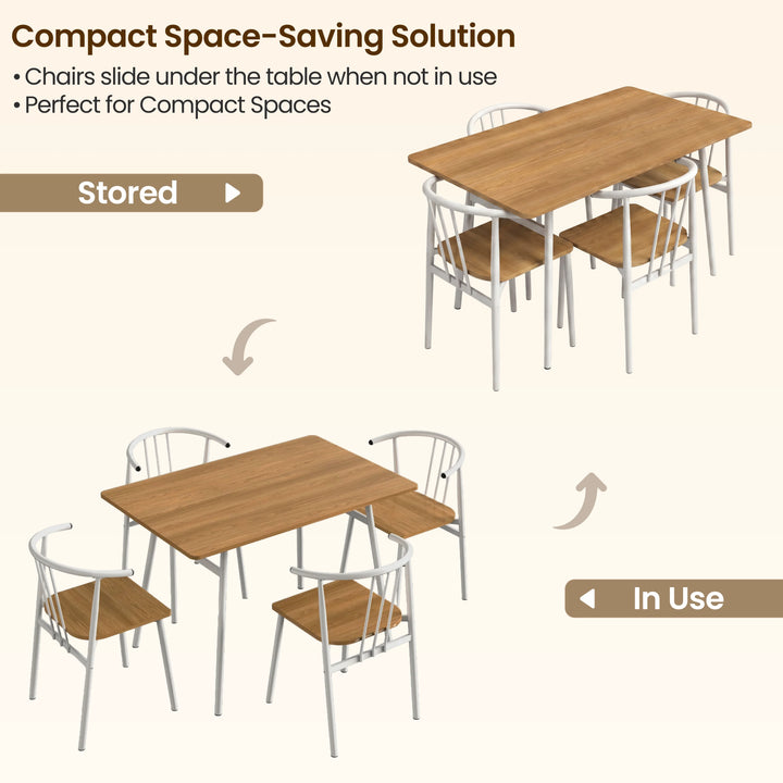 [Oak] Torvi 4 seater dining set shown in stored and in-use positions illustrating how chairs slide under the table for compact space-saving storage