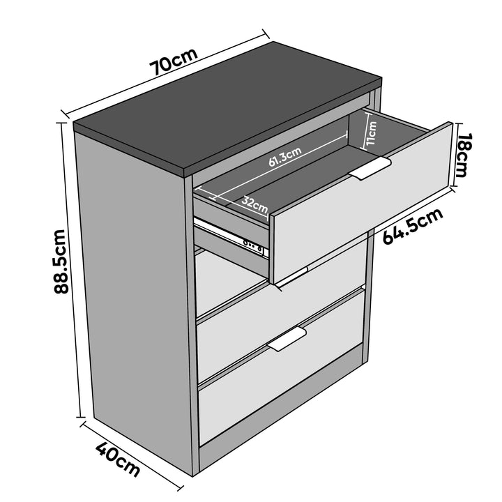 [Oak+White] Dimension diagram of 4 chest of drawers showing 88.5 cm height, 70 cm width, and 40 cm depth, with labelled drawer sizes