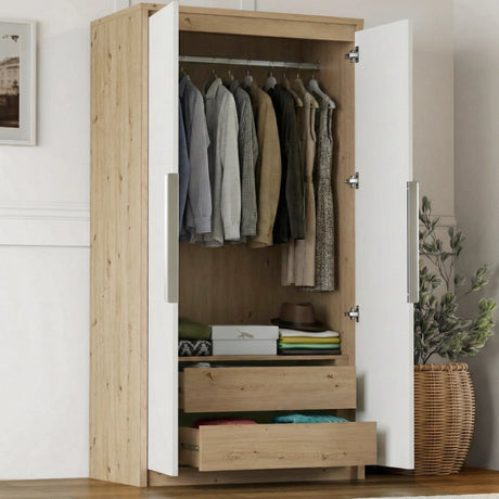 [Oak+White] Modern scandi oak frame with white doors internal hanging rail and 2 oak drawers in styled bedroom