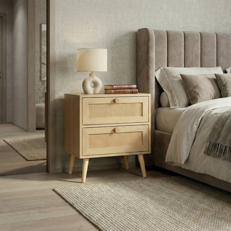 [Oak] Wovena 2 drawer bedside table styled in bedroom setting with natural lighting